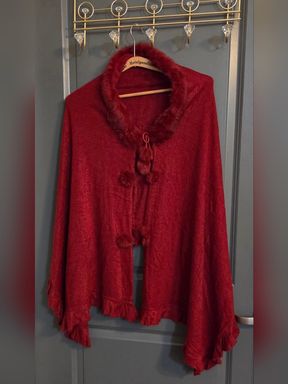 Italian Red Embossed Wool Genuine Rabbit Fur Trim Sweater Cape New Without Tags